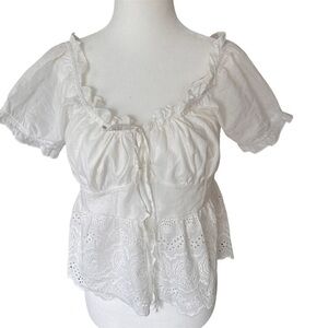 Coquette white cotton blouse Feminine low cut ruffle & embroidery  Large